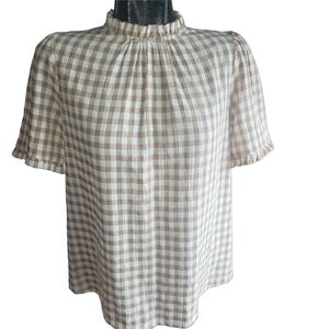 Soyaconcept Tan and White Gingham Ruffled Short Sleeve Top M